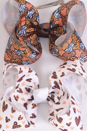 Hair Bow Jumbo Leopard Heart Pattern Mix Grosgrain Bow-tie / 12 pcs Bow = Dozen Alligator Clip , Size - 6" x 5" Wide , 6 of each Pattern , Clip Strip & UPC Code