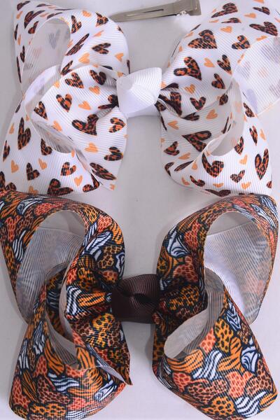 Hair Bow Jumbo Leopard Heart Pattern Mix Grosgrain Bow-tie / 12 pcs Bow = Dozen Alligator Clip , Size - 6" x 5" Wide , 6 of each Pattern , Clip Strip & UPC Code