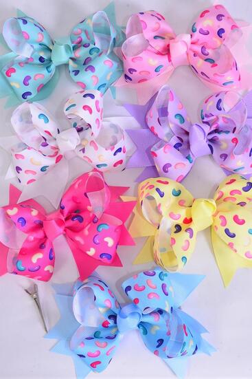 Hair Bow Jumbo Double Layered Jelly Bean Candies Pastel Grosgrain Bow-tie / 12 pcs Bow = Dozen Alligator Clip , Size - 6" x 5" Wide , 2 White , 2 Pink , 2 Hot Pink , 2 Lavender , 2 Mint Green , 1 Yellow , 1 Blue Color Mix , Clip Strip & UPC Code