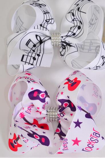 Hair Bow Jumbo Rock Star Music Note Grosgrain Bow-tie / 12 pcs = Dozen  Alligator Clip , Size - 6" x 5" Wide , 6 Of Each Pattern Asst , Clip Strip & UPC Code