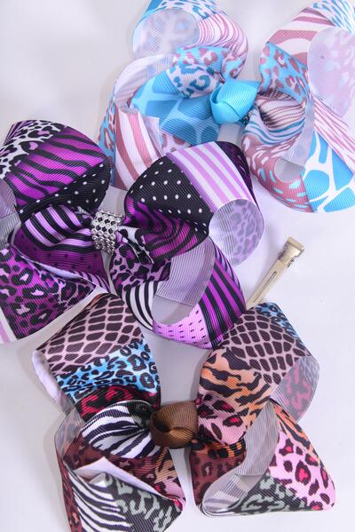 Hair Bow Jumbo Zebra Giraffe Animal Pattern Mix Grosgrain Bow-tie / 12 pcs Bow = Dozen  Alligator Clip , Size - 6" x 5" Wide , 4 Of Each Pattern Asst , Clip Strip and UPC Code