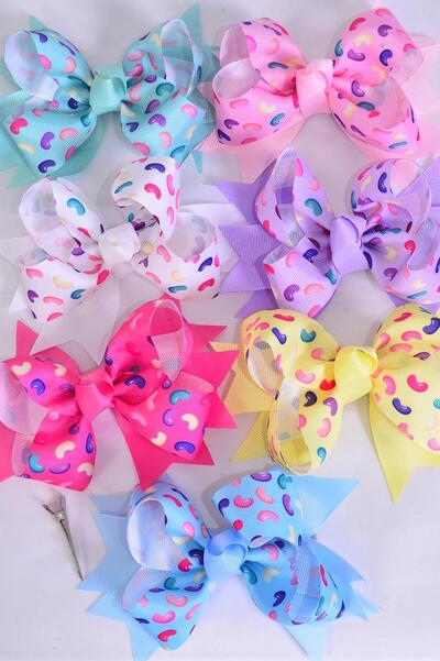 Hair Bow Jumbo Double Layered Jelly Bean Candies Pastel Grosgrain Bow-tie / 12 pcs Bow = Dozen Alligator Clip , Size - 6" x 5" Wide , 2 White , 2 Pink , 2 Hot Pink , 2 Lavender , 2 Mint Green , 1 Yellow , 1 Blue Color Mix , Clip Strip & UPC Code