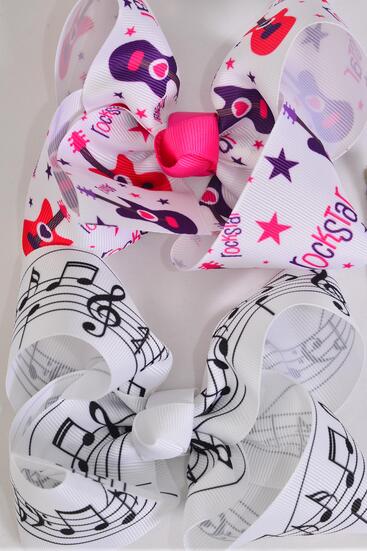Hair Bow Jumbo Music Note Rock Star Pattern Mix Grosgrain Bow-tie / 12 pcs = Dozen  Alligator Clip , Size - 6" x 5" Wide , 6 Of Each Pattern Asst , Clip Strip & UPC Code