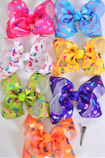Hair Bow Jumbo Jelly Bean Candies Grosgrain Bow-tie Citrus / 12 pcs Bow = Dozen Alligator Clip , Size - 6" x 5" Wide , 2 Fuchsia , 2 Blue , 2 White , 2 Purple , 2 Yellow , 1 Orange , 1 Lime Color Asst , Clip Strip & UPC Code