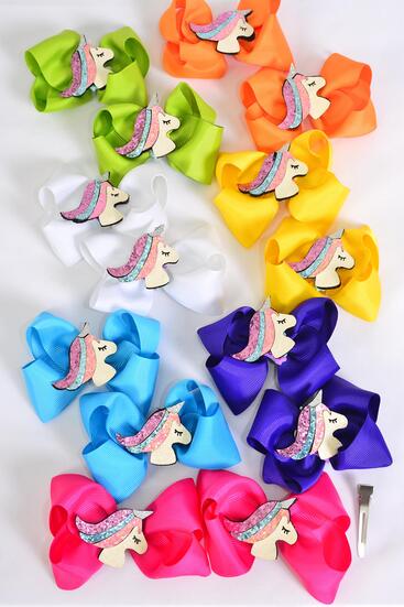 Hair Bow 24 pcs Center Unicorn Charm Grosgrain Bow-tie Citrus / 24 pcs = Dozen Citrus , Alligator Clip , Size - 3.5" x 3" Wide , 2 White ,2 Fuchsia ,2 Yellow ,2 Purple ,2 Blue ,1 Lime ,1 Orange Color Mix , Clip Strip & UPC Code