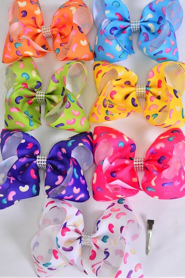 Hair Bow Jumbo Jelly Bean Candies Citrus Grosgrain Bow-tie / 12 pcs Bow = Dozen  Alligator Clip , Size - 6" x 5" Wide , 2 Fuchsia , 2 Blue , 2 White , 2 Purple , 2 Yellow , 1 Orange , 1 Lime Color Asst , Clip Strip & UPC Code