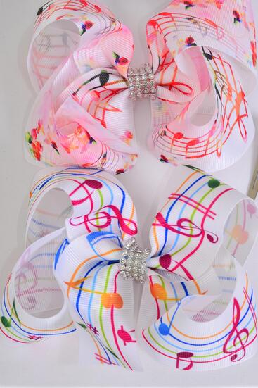 Hair Bow Jumbo Music Note Grosgrain Bow-tie / 12 pcs = Dozen Music Note , Alligator Clip , Size - 6" x 5" Wide , 6 Of Each Pattern Asst , Clip Strip & UPC Code