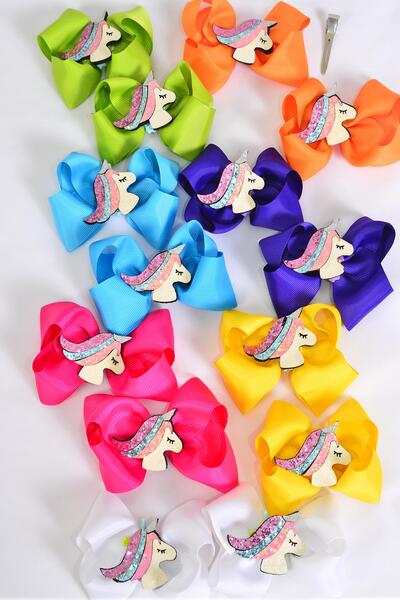 Hair Bow 24 pcs Center Unicorn Charm Grosgrain Bow-tie Citrus / 24 pcs = Dozen Citrus , Alligator Clip , Size - 3.5" x 3" Wide , 2 White ,2 Fuchsia ,2 Yellow ,2 Purple ,2 Blue ,1 Lime ,1 Orange Color Mix , Clip Strip & UPC Code