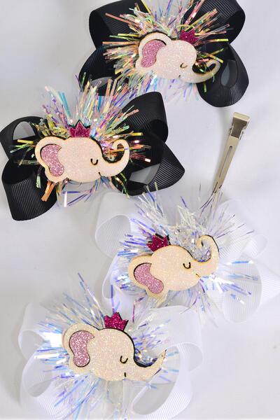 Hair Bow 24 pcs Center Elephant Charm Black White Color Mix Grosgrain Bow-tie / 24 pcs Bow = Dozen Alligator Clip , Size - 3.5" x 3" Wide , 6 Black , 6 White Color Asst , Clip Strip & UPC Code