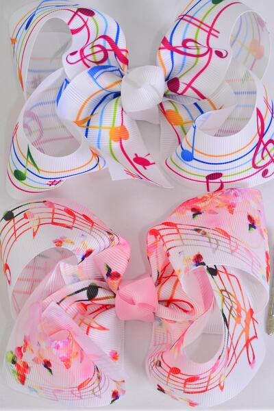 Hair Bow Jumbo Music Note Grosgrain Bow-tie / 12 pcs = Dozen Alligator Clip , Size - 6" x 5" Wide , 6 Of Each Pattern Asst , Clip Strip & UPC Code
