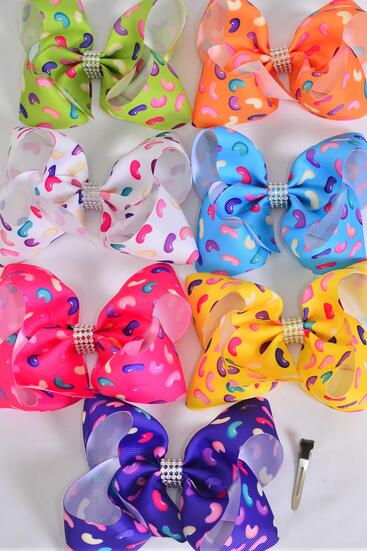 Hair Bow Jumbo Jelly Bean Candies Citrus Grosgrain Bow-tie / 12 pcs Bow = Dozen  Alligator Clip , Size - 6" x 5" Wide , 2 Fuchsia , 2 Blue , 2 White , 2 Purple , 2 Yellow , 1 Orange , 1 Lime Color Asst , Clip Strip & UPC Code