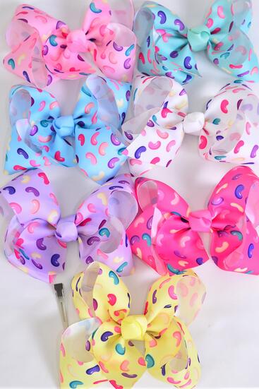 Hair Bow Jumbo Jelly Bean Candies Pastel Grosgrain Bow-tie / 12 pcs Bow = Dozen Alligator Clip , Size - 6" x 5" Wide , 2 White , 2 Pink , 2 Hot Pink , 2 Lavender , 2 Mint Green , 1 Yellow , 1 Blue Color Mix , Clip Strip & UPC Code
