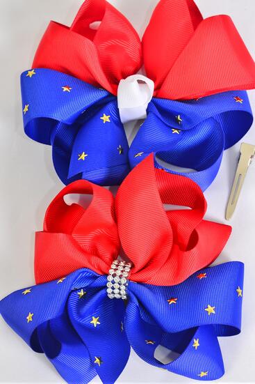 Hair Bow Jumbo Patriotic Gold Star Studded Grosgrain Bow-tie / 12 pcs Bow = Dozen Alligator Clip , Bow - 6" x 6" Wide , Clip Strip & UPC Code