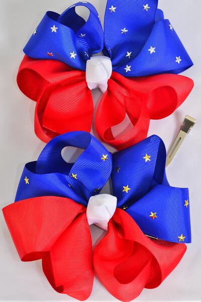 Hair Bow Jumbo Patriotic Gold & Silver Star Studded Grosgrain Bow-tie / 12 pcs Bow = Dozen Alligator Clip , Bow - 6" x 5" Wide , 6 Gold , 6 Silver Star Color Mix , Clip Strip & UPC Code