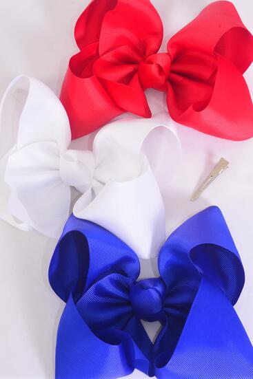 Hair Bow Extra Jumbo Cheer Type Bow Red White Royal Blue Mix Grosgrain Bow-tie / 12 pcs Bow = Dozen Alligator Clip , Bow - 8" x 7" Wide , 4 of each Pattern Asst , Clip Strip & UPC Code