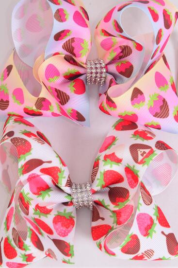 Hair Bow Jumbo Chocolate Covered Strawberries  Grosgrain Bow-tie / 12 pcs Bow = Dozen Alligator Clip , Size - 6" x 5" Wide , 6 of each Pattern , Clip Strip & UPC Code