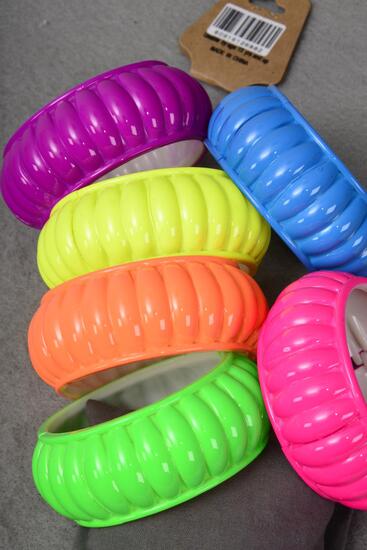 Bracelet Bangle Hinge Acrylic Caribbean Neon Color Asst / 12 pcs = Dozen Hinge , Size - 2.75" x 1.25" Dia Wide , 2 of each Color Asst , Hang Tag & Opp bag & UPC Code -