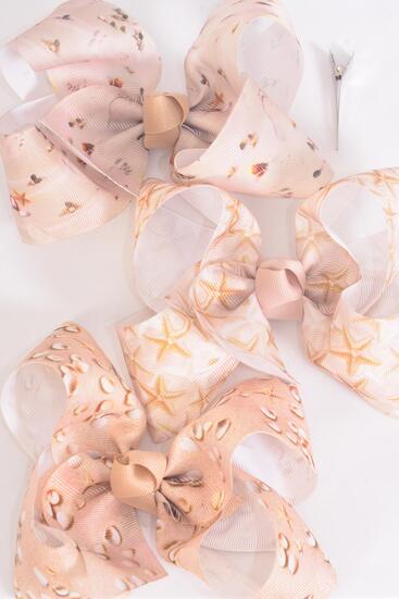 Hair Bow Jumbo Seashells Sand Footprints Starfish Grosgrain Bow-tie / 12 pcs Bow = Dozen Alligator Clip , Bow - 6" x 5" Wide , 4 of each Pattern Asst , Clip Strip & UPC Code
