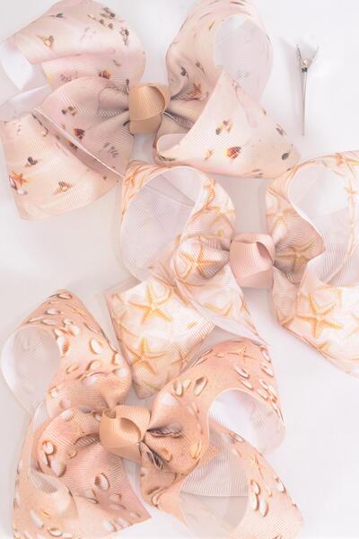 Hair Bow Jumbo Seashells Sand Footprints Starfish Grosgrain Bow-tie / 12 pcs Bow = Dozen Alligator Clip , Bow - 6" x 5" Wide , 4 of each Pattern Asst , Clip Strip & UPC Code