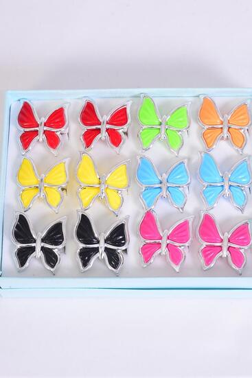 Rings Poly Butterfly Multi / 12 pcs = Dozen Adjustable , Butterfly - 1.25"  , 2 Red , 2 Black , 2 Fuchsia , 2 Yellow , 2 Blue , 1 Lime , 1 Orange Mix , 1 DZ Velvet Ring Display Box  w OPP Bag