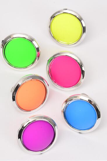 Rings Acrylic Round Neon Color Asst / 12 pcs = Dozen  Adjustable , Face Size - 1" Wide , 2 of each Color Asst , 1 DZ Velvet Ring Display Box , w OPP Bag UPC Code