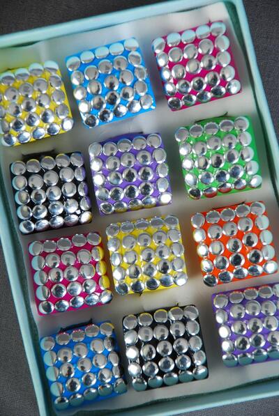 Rings Acrylic Square Silver Studded Multi / 12 pcs = Dozen Multi , Size - 1" Wide , 2 Black , 2 Fuchsia , 2 Blue , 2 Lavender , 2 Yellow , 1 Lime , 1 Orange Color Mix .