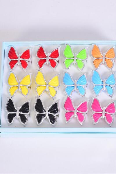 Rings Poly Butterfly Multi / 12 pcs = Dozen Adjustable , Butterfly - 1.25"  , 2 Red , 2 Black , 2 Fuchsia , 2 Yellow , 2 Blue , 1 Lime , 1 Orange Mix , 1 DZ Velvet Ring Display Box  w OPP Bag