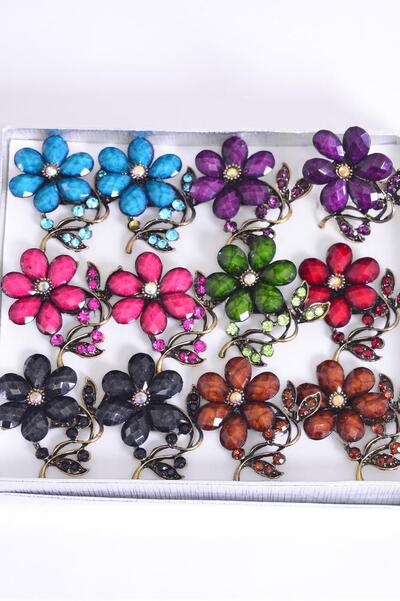 Rings Flower Dark Marble Rhinestones Mix Adjustable / 12 pcs = Dozen  Adjustable , Flower Size - 1.5" x 1.25" Wide , 2 Black , 2 Red , 2 Fuchsia , 2 Purple , 2 Blue , 1 Brown , 1 Green Color Asst.