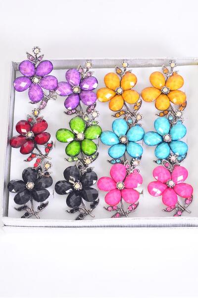 Rings Flower Acrylic Marble look Adjustable Multi / 12 pcs = Dozen Adjustable , Flower Size - 1.5" x 1.25" Wide , 2 Black , 2 Pink , 2 Yellow , 2 Red , 2 Blue , 1 Green , 1 Purple Color Asst.