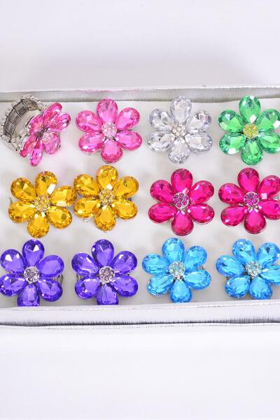 Rings Flower Acrylic Rhinestones Stretch Multi / 12 pcs = Dozen Stretch , Flower Size - 1" Wide , 2 Fuchsia , 2 Pink , 2 Purple , 2 Turquoise , 2 Yellow , 1 Clear , 1 Green Color Asst.
