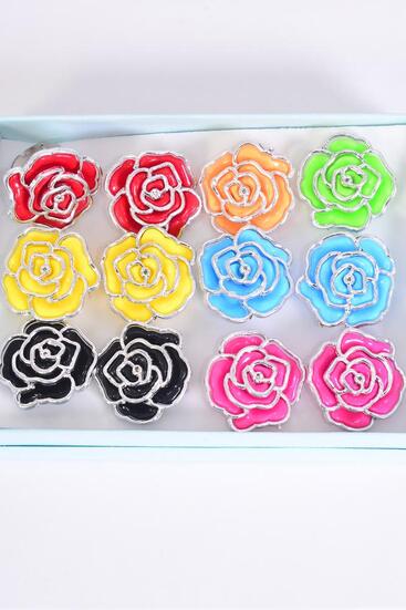Rings Flower Rose Silver Trim Adjustable Multi / 12 pcs = Dozen Adjustable ,  Flower Size - 1.25" Wide , 2 Red , 2 Black , 2 Yellow , 2 Fuchsia , 2 Lime , 1 Blue , 1 Orange Color Asst