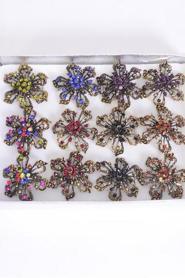 Rings Antique Flower Color Rhinestones Multi / 12 pcs = Dozen Adjustable , Flower Size - 1.25" Wide , 2 Multi , 2 Black , 2 Red , 2 Brown , 2 Purple , 1 Royal Blue , 1 Green Color Asst.
