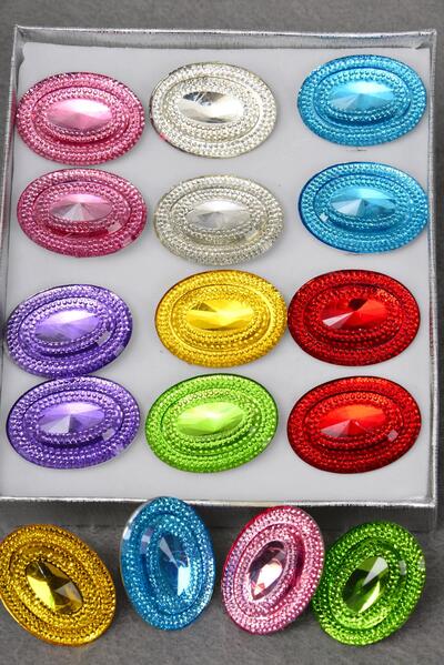 Rings Oval Glass Adjustable / 12 pcs = Dozen Adjustable , Face - 1.5" x 1.25" Wide , 2 Red , 2 Pink , 2 Clear, 2 Lavender, 2 Aqua , 1 Lime , 1 Yellow Color Asst