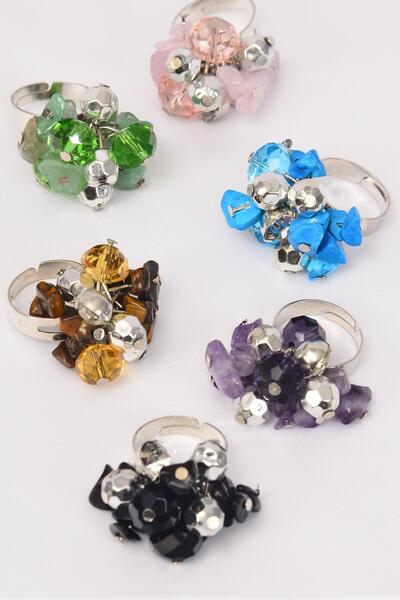 Rings Natural Gemstones Charm Mix Multi / 12 pcs = Dozen Adjustable , 2 Rose Quartz , 2 Amethyst . 2 Turquoise , 2 Ontx , 2 Tiger Eye , 2 Aventurine Color Asst , 1 DZ Velvet Ring Display Window Box 
