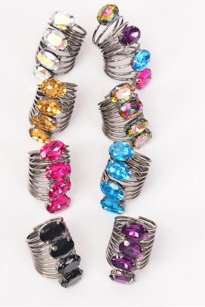 Rings Dark Multi Spiral Band Oval Iridescent Glass Cut  / 12 pcs = Dozen Face Size - 1.5" x 0.5" Wide , 2 Multi , 2 Black , 2 Blue , 2 AB Clear , 1 Fuchsia , 1 Purple , 1 Clear ,1 Champagne Color Asst