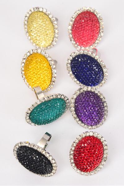 Rings Poly Oval Multi Rhinestone All Around Adjustable / 12 pcs = Dozen Adjustable , Face Size - 1.25" x 1" Wide , 2 Purple , 2 Yellow , 2 Red , 2 Blue , 1 Pink , 1 Black , 1 Navy , 1 Clear Color Asst