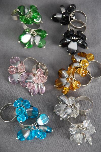 Rings Multi Venetian Glass w Crystal Charms Mix / 12 pcs = Dozen Adjustable , Multi , 2 of each Color Asst , Velvet Ring Display Window Box & OPP  bag & UPC Code
