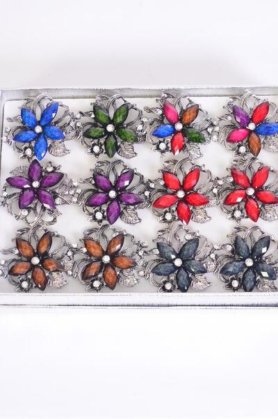 Rings Marble Flower Antique Look w Clear Rhinestones Multi / 12 pcs = Dozen Adjustable , Flower Size - 1.25" Wide , 2 Multi , 2 Black , 2 Red , 2 Brown , 1 Purple , 2 Royal Blue ,1 Green Color Asst.
