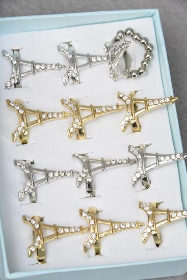 Rings Metal Eiffel Tower w Clear Rhinestones Stretch / 12 pcs = Dozen Eiffel Tower , Stretch , Face Size - 1.25" x 0.75" Wide , 6 Gold , 6 Silver Mix ,1 Dz Velvet Display Window Box , w OPP Bag 