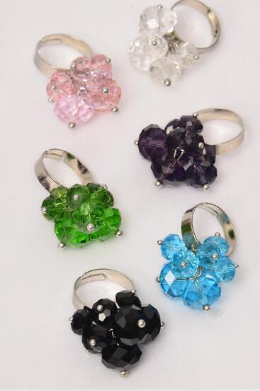 Rings with Glass Crystal Charms Multi Adjustable / 12 pcs = Dozen  Adjustable , Width 1.25" Wide , 2 of each Color Asst , 1DZ Velvet Ring Display Window Box , W OPP bag & UPC Code 