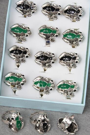 Rings Enamel Frog Antique Adjustable / 12 pcs = Dozen Adjustable , Size - 1" x 0.75", 6 Black  , 6 Green Color Mix , 1 Dozen Display Box , OPP Bag & UPC Code