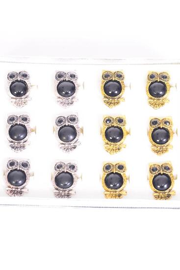 Rings Owl Poly Black Adjustable / 12 pcs = Dozen Adjustable , Owl Size - 1.25" x 0.75" Wide , 6 Gold , 6 Silver Color Mix , 1 Dz Velvet Ring Display Window Box , W OPP Bag & UPC Code