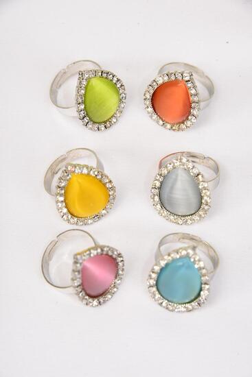Rings Cateye Teardrop w Clear Rhinestone Multi / 12 pcs = Dozen Adjustable , Cat-eye Size - 1" x 0.75" Wide , 2 of each Color Asst , Velvet Ring Display Window Box , W OPP Bag & UPC Code