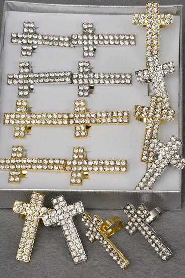 Rings Cross Metal Clear Rhinestones Gold Silver Mix / 12 pcs = Dozen Adjustable , Cross Size - 1.75" x 1" Wide , 6 Gold , 6 Silver Mix , 1Dz Velvet Display Window Box & OPP bag & UPC code