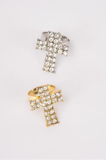 Rings Cross Metal Gold Silver Mix w Clear Rhinestones / 12 pcs = Dozen Adjustable , Cross Size - 1.5" x 1" Wide , 6 Gold , 6 Silver Color Mix , 1Dz Velvet Display Window Box & OPP Bag & UPC Code