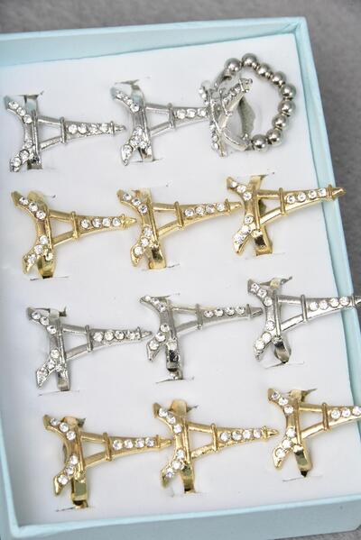 Rings Metal Eiffel Tower w Clear Rhinestones Stretch / 12 pcs = Dozen Eiffel Tower , Stretch , Face Size - 1.25" x 0.75" Wide , 6 Gold , 6 Silver Mix ,1 Dz Velvet Display Window Box , w OPP Bag 