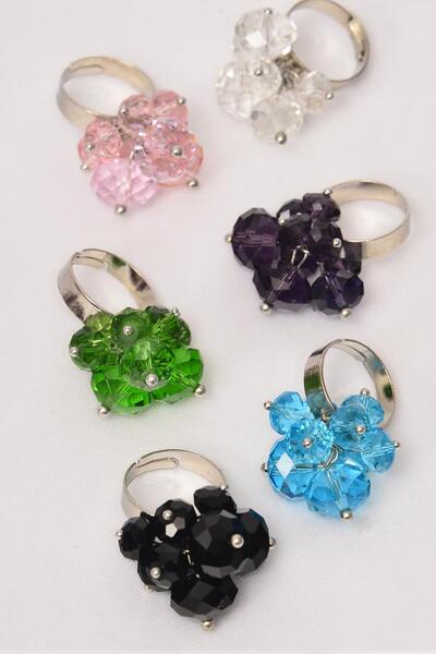 Rings with Glass Crystal Charms Multi Adjustable / 12 pcs = Dozen  Adjustable , Width 1.25" Wide , 2 of each Color Asst , 1DZ Velvet Ring Display Window Box , W OPP bag & UPC Code 