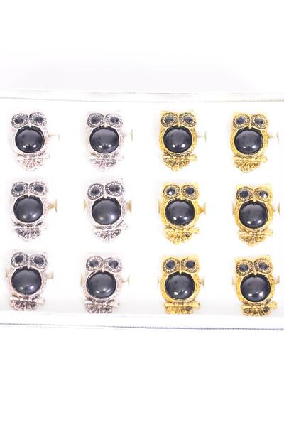 Rings Owl Poly Black Adjustable / 12 pcs = Dozen Adjustable , Owl Size - 1.25" x 0.75" Wide , 6 Gold , 6 Silver Color Mix , 1 Dz Velvet Ring Display Window Box , W OPP Bag & UPC Code