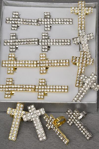 Rings Cross Metal Clear Rhinestones Gold Silver Mix / 12 pcs = Dozen Adjustable , Cross Size - 1.75" x 1" Wide , 6 Gold , 6 Silver Mix , 1Dz Velvet Display Window Box & OPP bag & UPC code