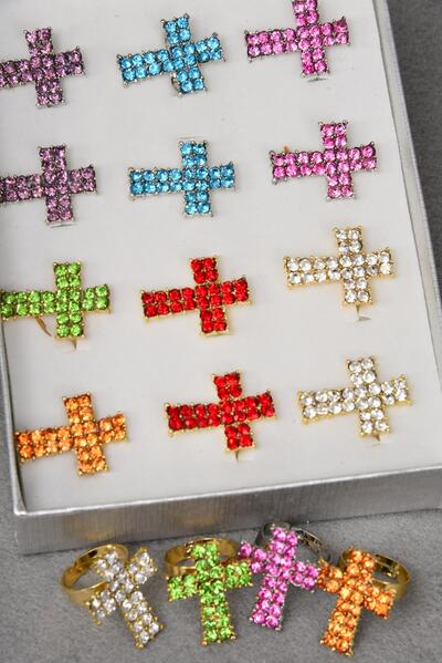 Rings Cross Metal Gold Silver Mix w Color Rhinestones / 12 pcs = Dozen Adjustable , Cross Size - 1.5" x 1" Wide , 2 Red , 2 Clear , 2 Blue , 2 Purple , 2 Fuchsia , 1 Yellow ,1 Lime Color Asst .